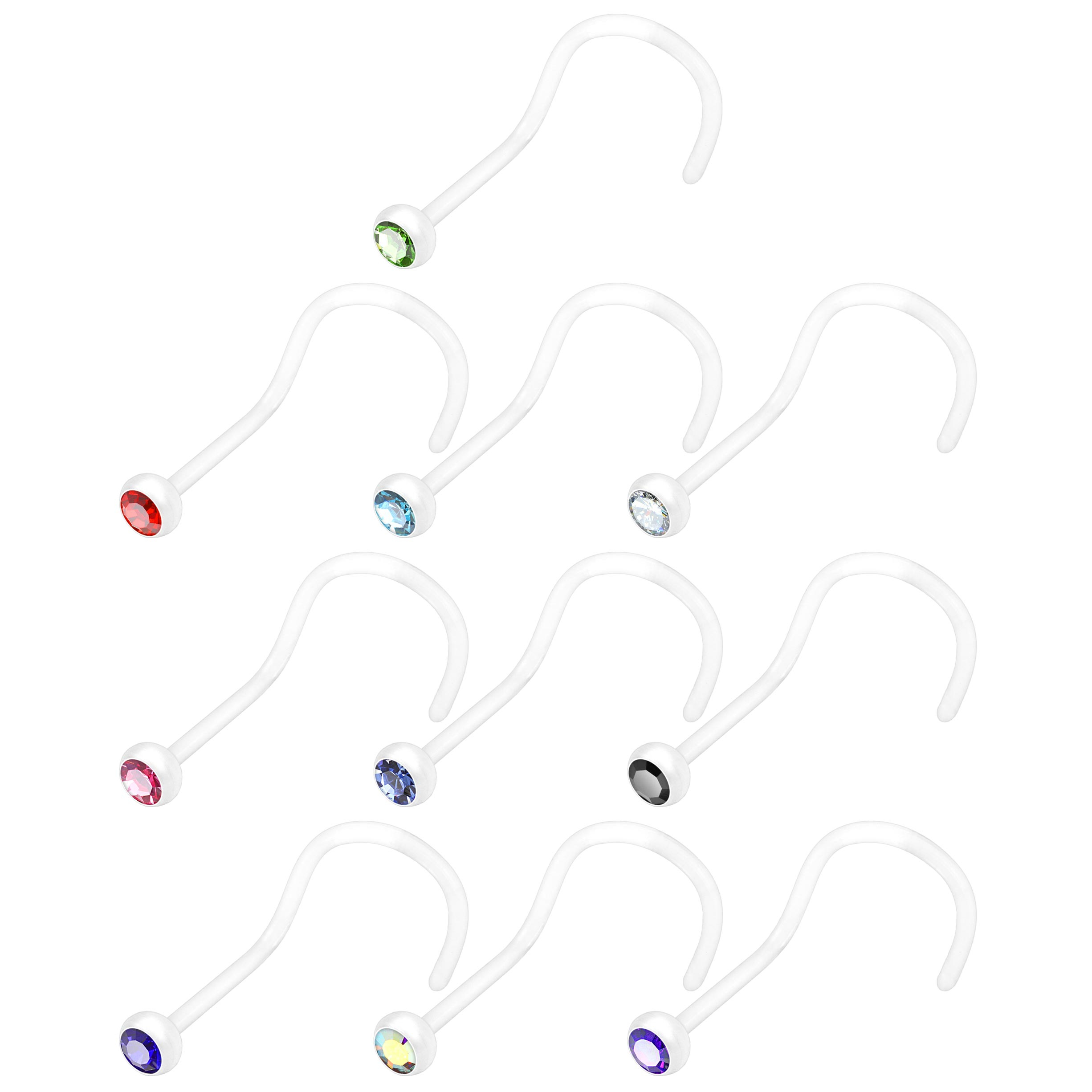 PTFE zahnutý piercing do nosu s kamínkem v různých barvách