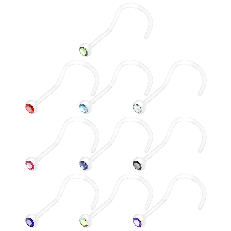 PTFE zahnutý piercing do nosu s kamínkem v různých barvách