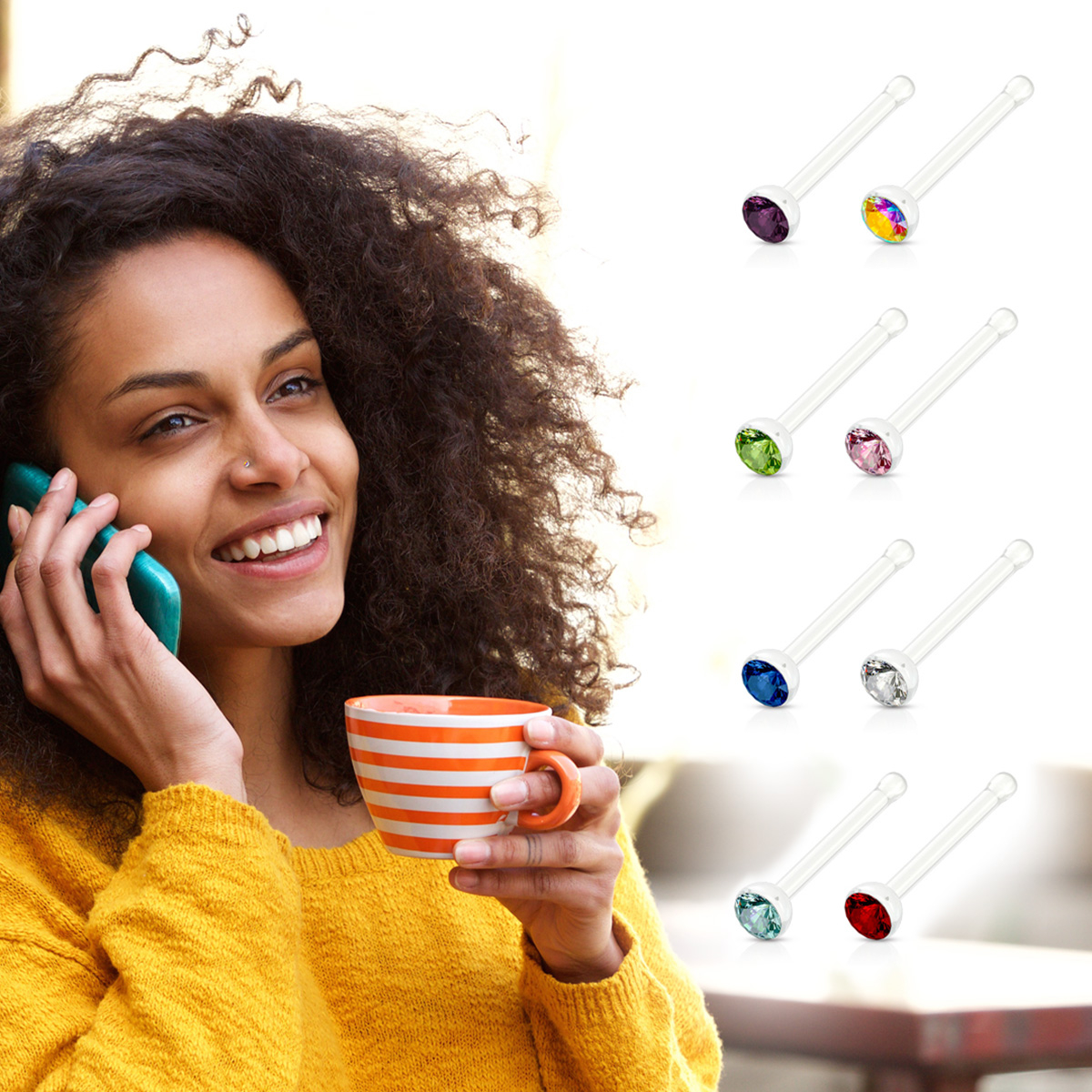 Sada piercingů do nosu z akrylátu se zirkonem v 8 různých barvách